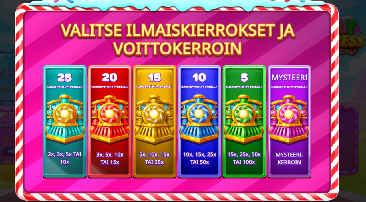 Jelly Expressin ilmaiskierrosvalinta, jossa pelaaja voi valita kuudesta ilmaiskierros- ja Wild-kerroinvaihtoehdosta.