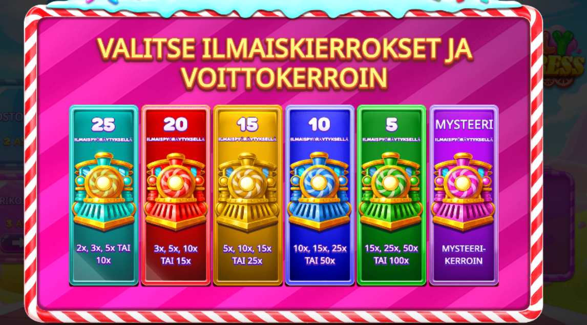 Jelly Expressin ilmaiskierrosvalinta, jossa pelaaja voi valita kuudesta ilmaiskierros- ja Wild-kerroinvaihtoehdosta.