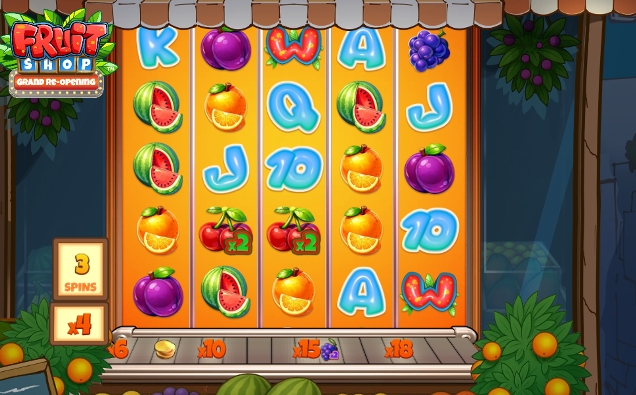 The Orchard free spins in Fruit Shop Grand Re-Opening are activated by five Fruit Bonus symbols and played on a 5x5 game grid. The Flavor Meter below the game grid progresses with fruit symbol wins. 