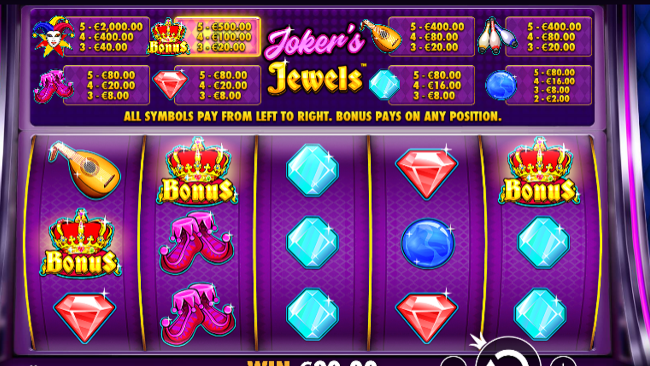 Joker’s jewels -pelissä kolme bonussymbolia antaa 10-kertaisen voiton panokseen nähden osuessaan mihin tahansa pelialueella.