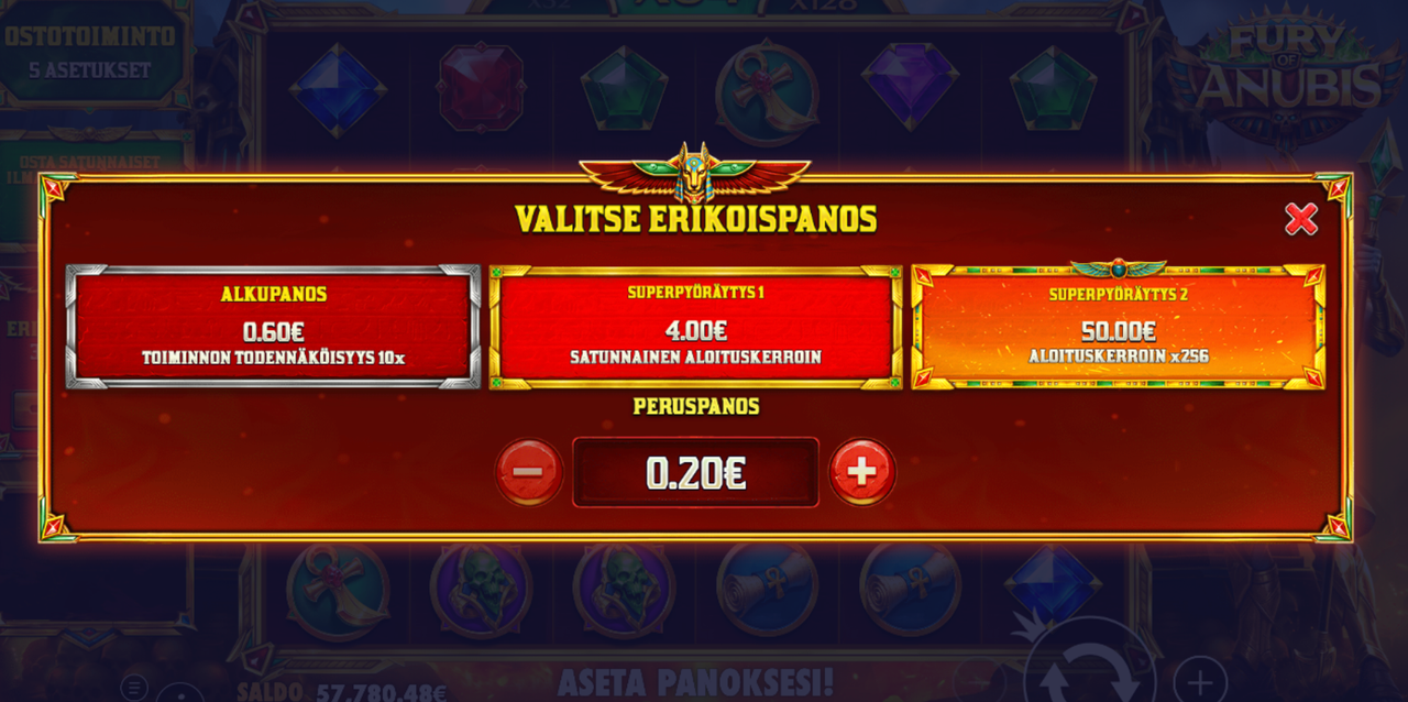 Fury of Anubis -kolikkopelin erikoispanokset, joista pelaaja voi valita Alkupanoksen, Superpyöräytys 1:n tai Superpyöräytys 2:n.
