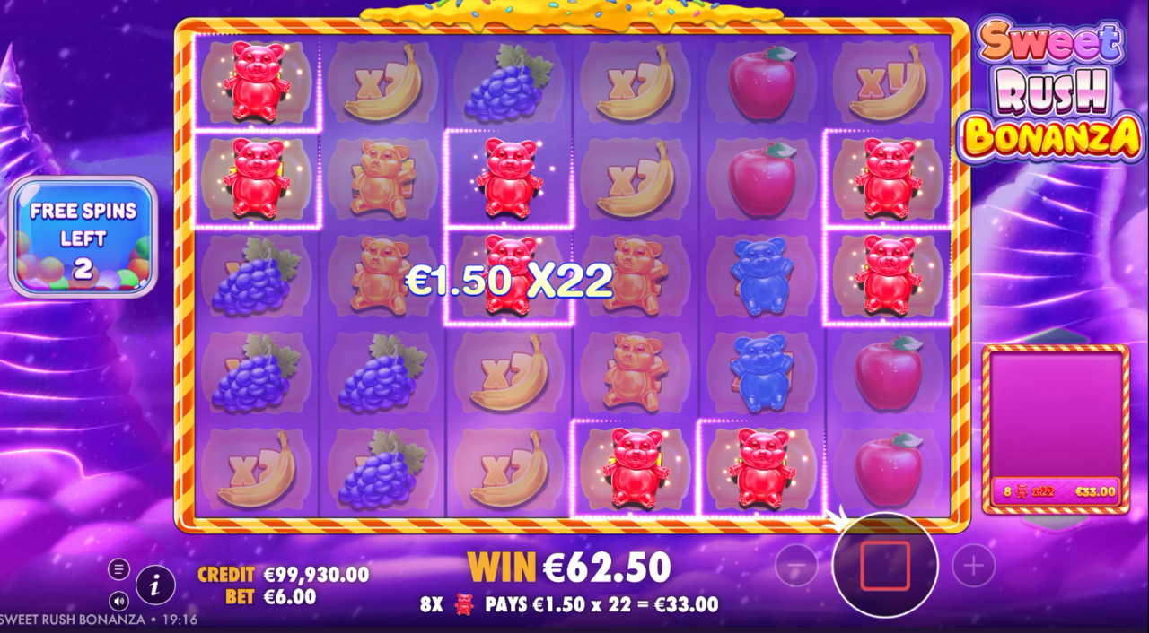 Sweet Rush Bonanzan ilmaiskierrosten aikana voittokertoimet pysyvät pelialueella koko bonuspelin ajan nollaantumatta ja voivat kasvaa jokaisen putoamistoiminnon myötä.