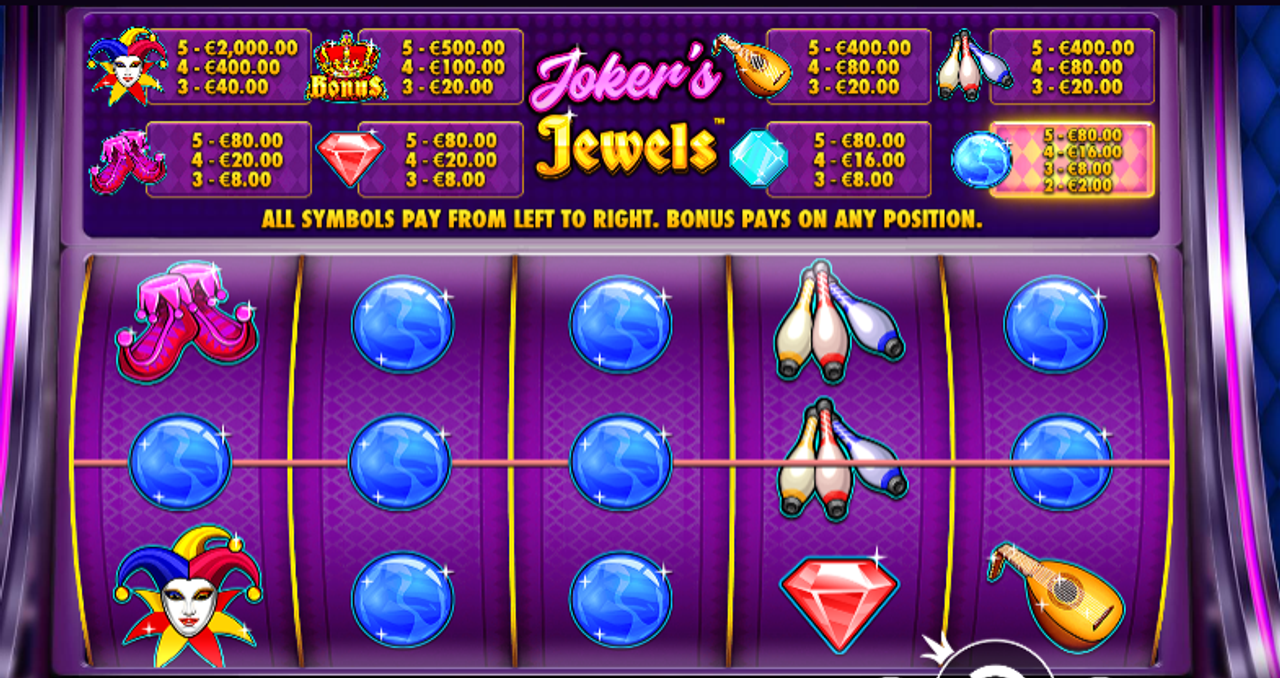 Joker’s Jewels pelissä voittolinja ja symbolit pelialueen yläpuolella korostuvat osoittamaan missä voitto muodostuu