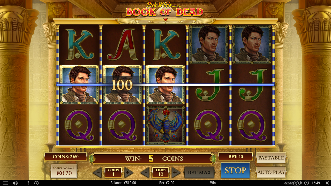 Rich Wilde symbols form a winning combination in Book of Dead slot.