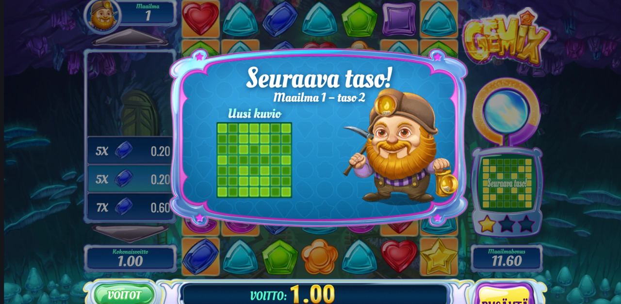 Gemix-pelin seuraavan tason näkymä, jossa uusi kuvio aktivoituu.