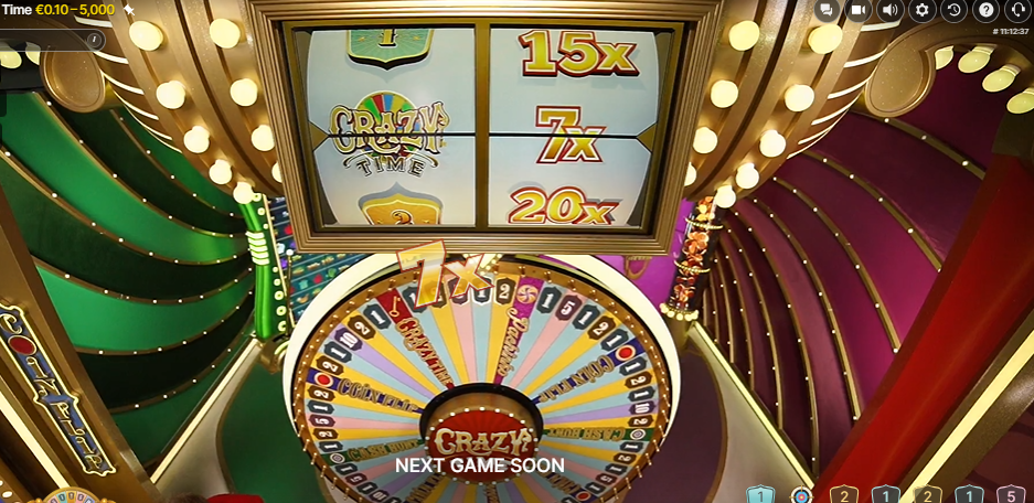 The Crazy Time live game shows the wheel with the Top Slot reels above it, which have stopped on a 7x multiplier for the Crazy Time bonus game.