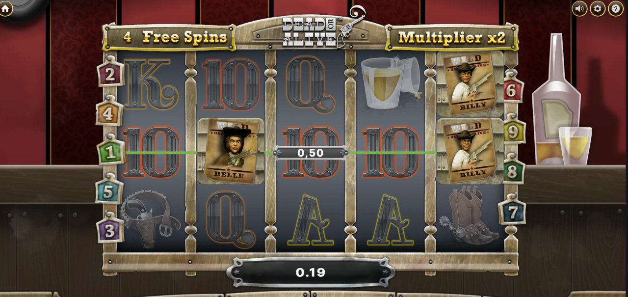 Free spins-vyn i Dead or Alive med en 2x-vinstmultiplikator.