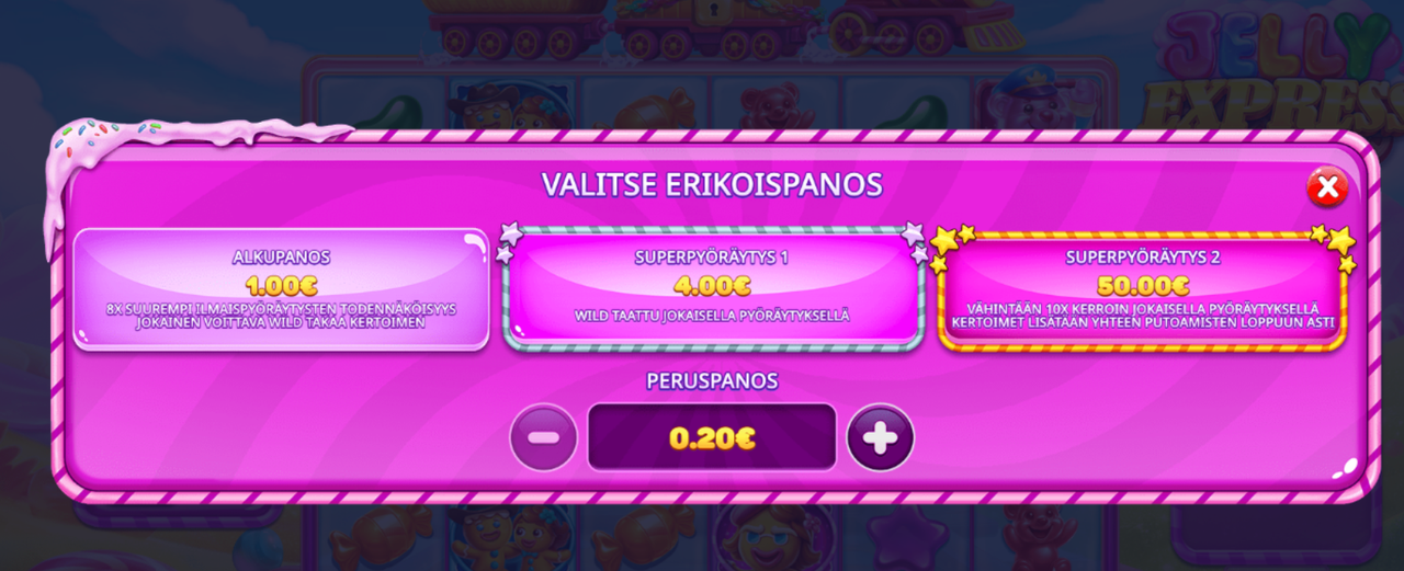 Jelly Express -kolikkopelin erikoispanokset: Alkupanos, Superpyöräytys 1 ja Superpyöräytys 2.