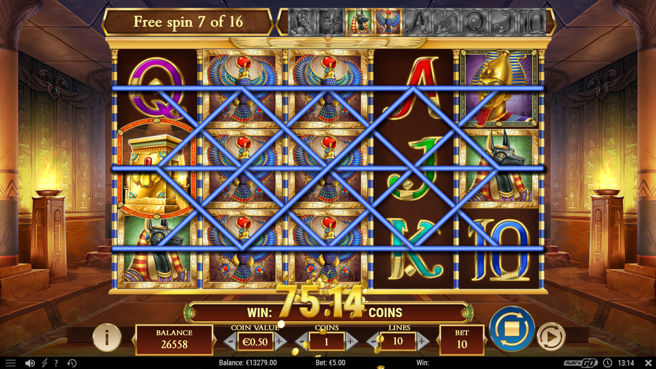 Legacy of Dead free spins showing the expanding special symbol covering a full reel and creating winning paylines.
