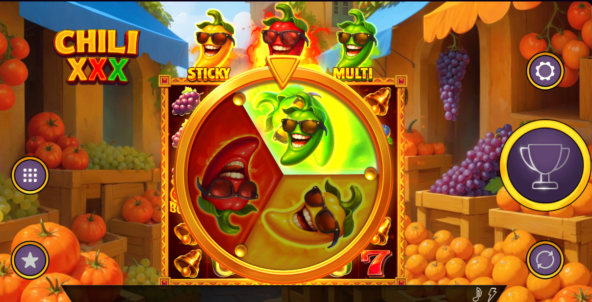 In Chili XXX, the chili wheel can trigger any of the 3 bonus games. It awards the player the Multipliers Bonus Game, as the wheel has stopped on the Green Chili.