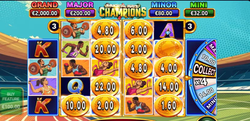 Immortal Ways Champions pelin pelialueen oikealle puolelle aktivoitunut Palkintopyörä antaa satunnaisen palkinnon.