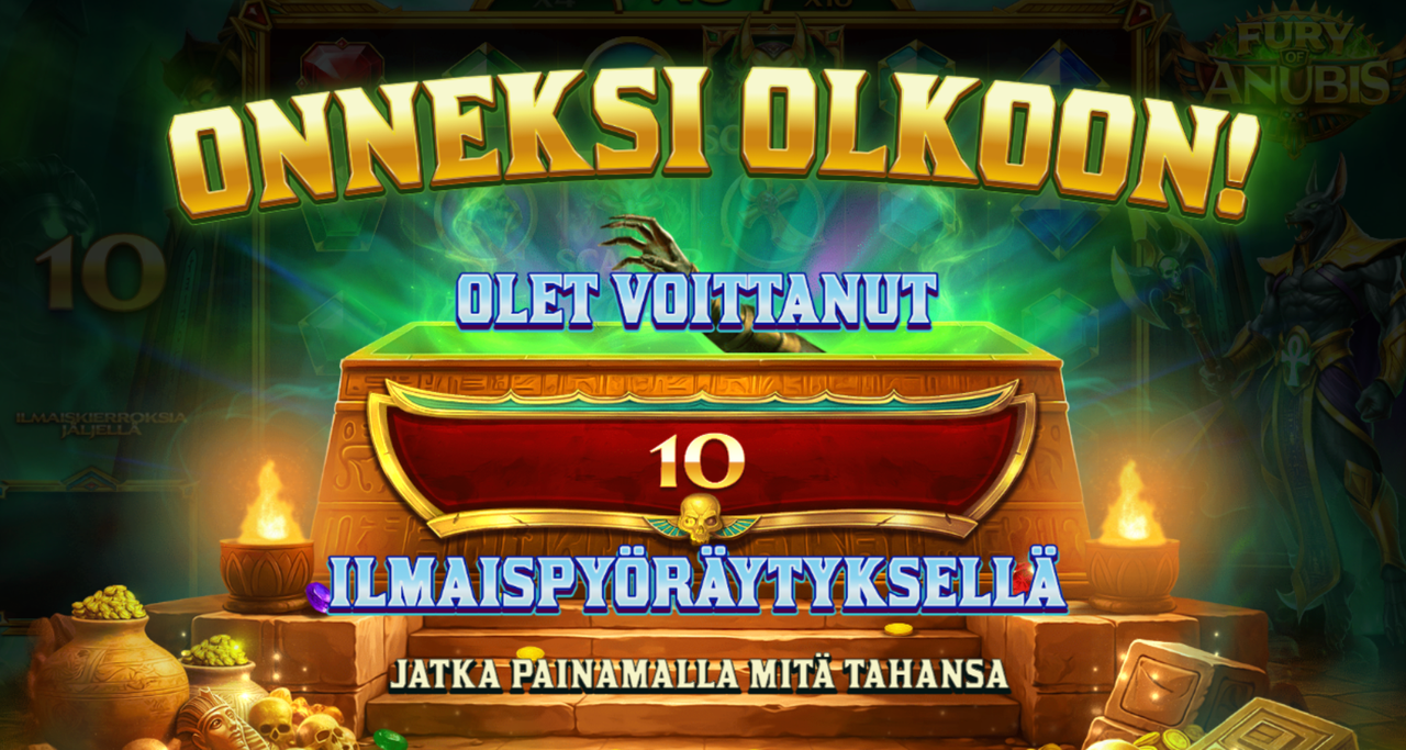 Fury of Anubis -kolikkopelin ilmaiskierrosten aloitus, jossa pelaaja voittaa 10 ilmaiskierrosta.