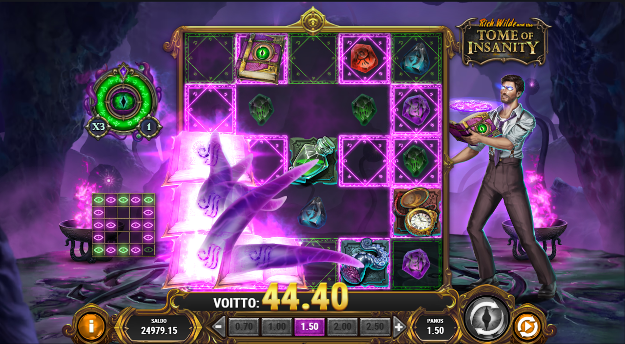 During the Damnation Free Spin in Rich Wilde and the Tome of Insanity, the Harvest feature removes symbols that are 2 spaces away diagonally and 3 spaces away horizontally or vertically from the Wild symbols.