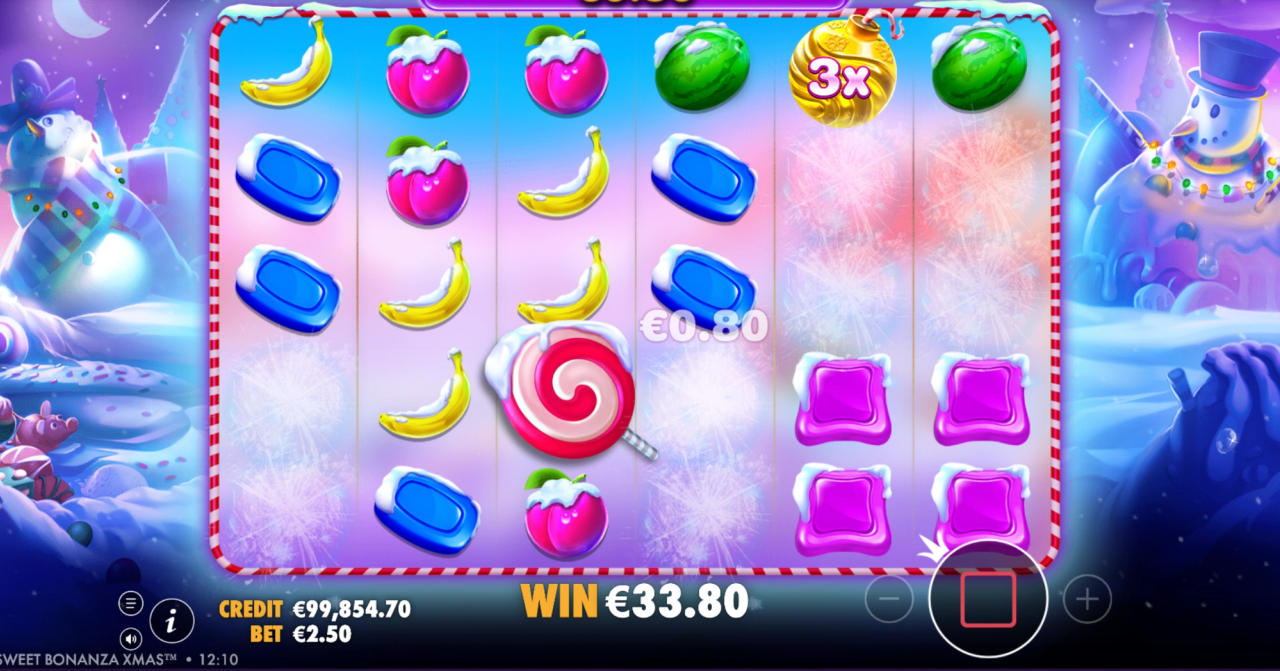 Sparkling Free Spins win on the Sweet Bonanza Xmas grid.