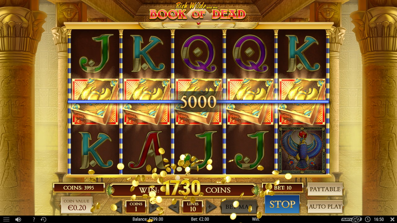 Five Scatter symbols form a winning combination in Book of Dead slot game.
