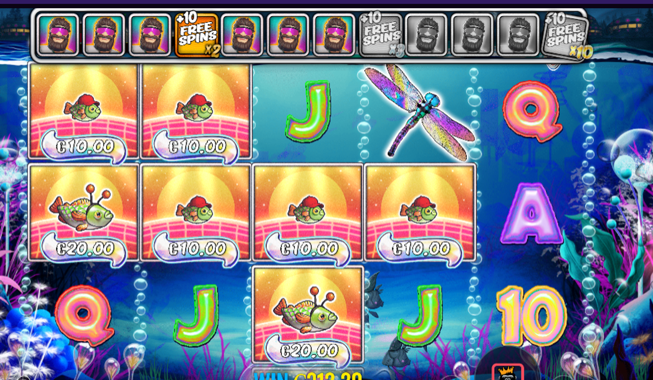 During the Big Bass Reel Repeat free spins, 7 Fisherman Wild symbols have already been collected in the meter at the top of the screen. Every fourth Wild retriggers the free spins with a higher multiplier for the money symbols.