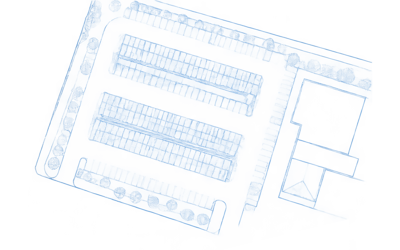 Blueprint sketch: aerial site plan of the solar carport at the Sisters of St. Francis