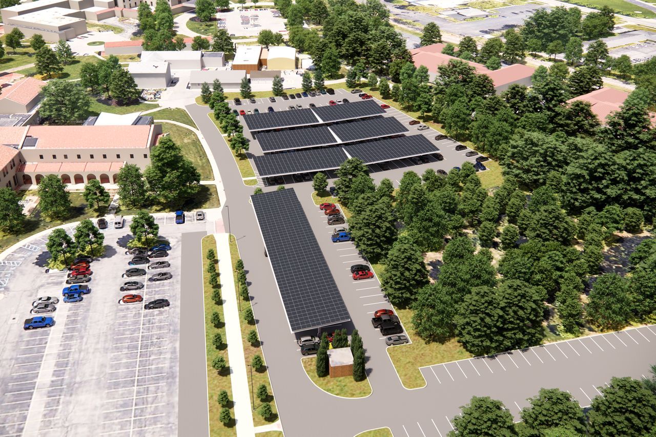 Aerial rendering of the Sisters of St. Francis solar carport project
