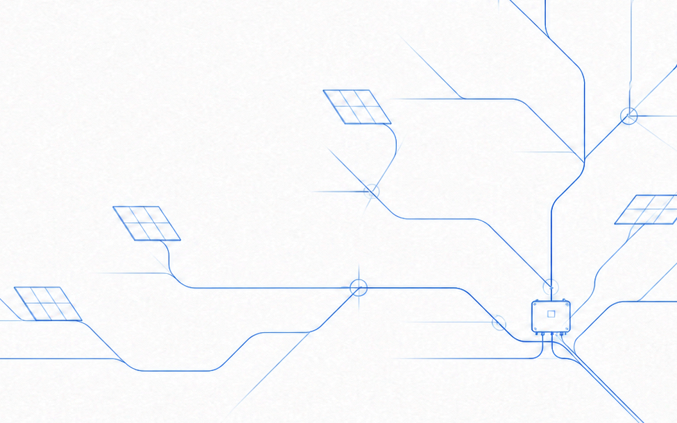 Blueprint sketch: solar panels feeding a collection network, representing the Glass City River Wall lighting system