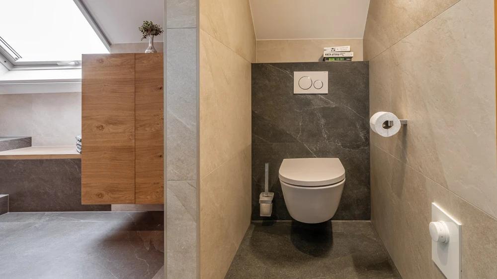 Modernes Badezimmer mit WC und Holzschrank.