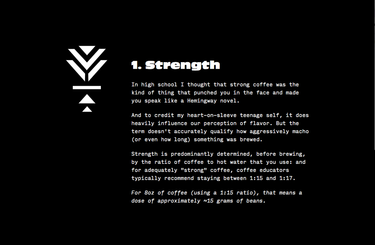 Screenshot of a webpage talking about the concept of strength in coffee science