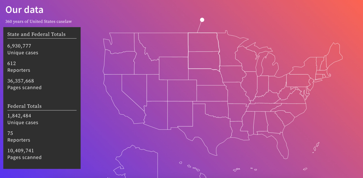 Map of the United States next to state and federal caselaw statistics