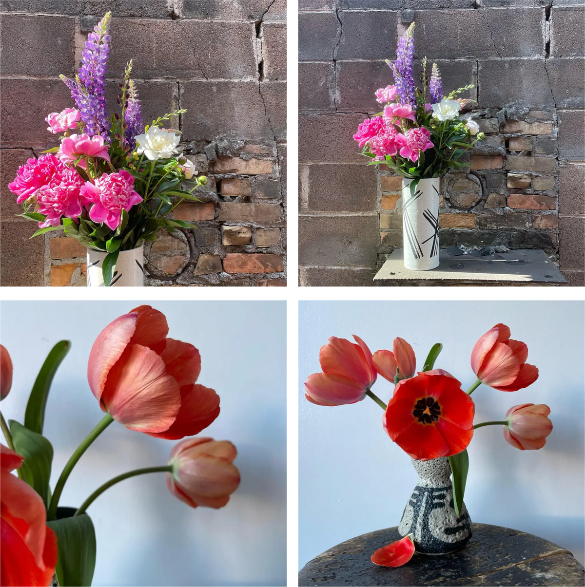 Four different views of bouquets from different angles