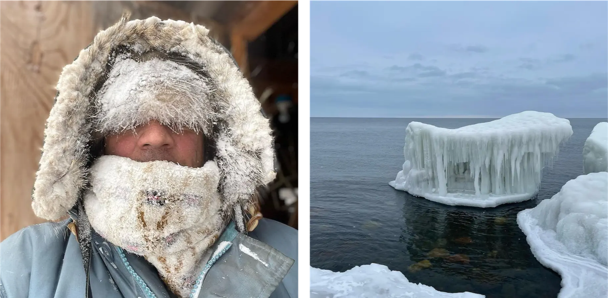 Almost entirely obscured by snow, the knitted cowl Bowman wears is by local Minneapolis textile artist Maggie Thompson of Makwa Studio.