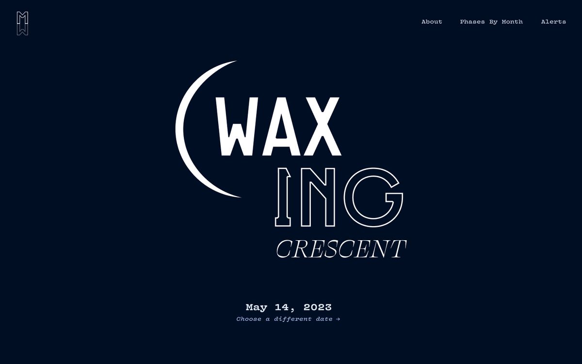 Screenshot displaying a webpage that says Waxing Crescent