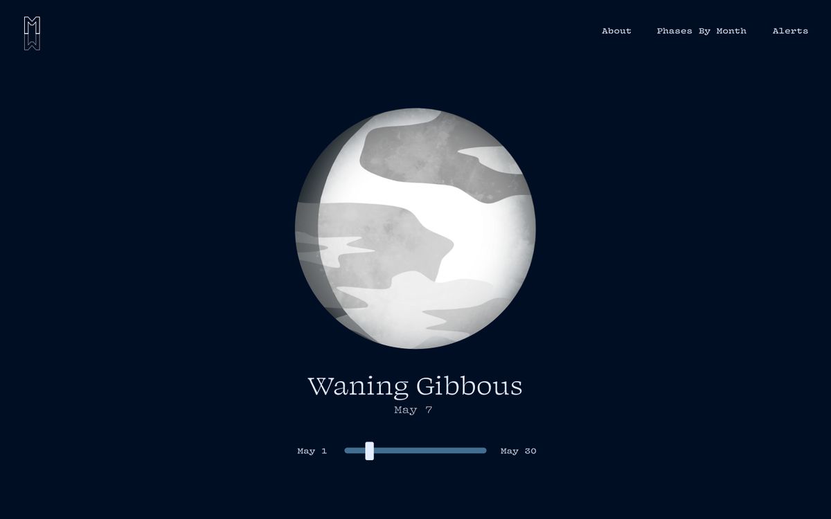 Screenshot of an interactive moon phase explorer, that lets someone discover the moon phases for the whole month, and how they progress
