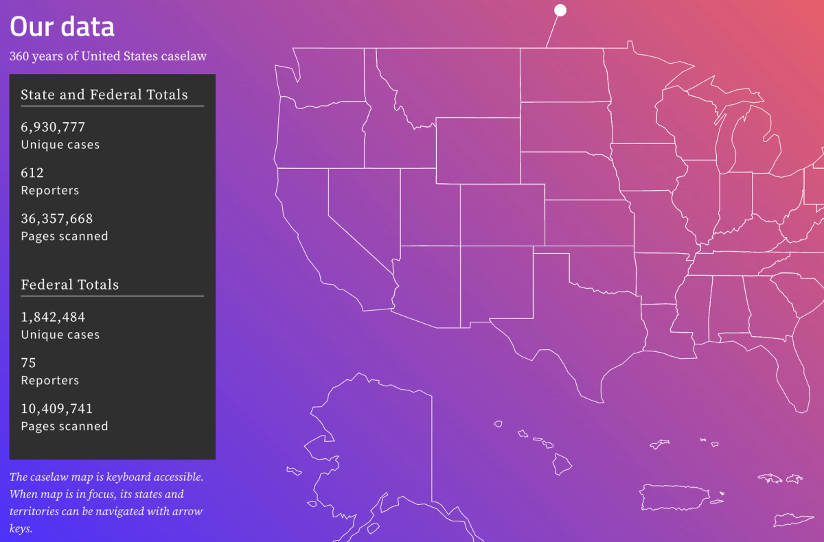 Interactive map of the United States next to state and national caselaw statistics, as well as instructions for how to navigate the map