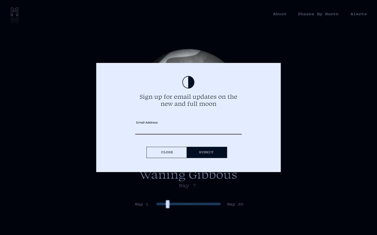 Screenshot of a website with a popup that allows users to signup for a newsletter that tells them about the Full and New moon