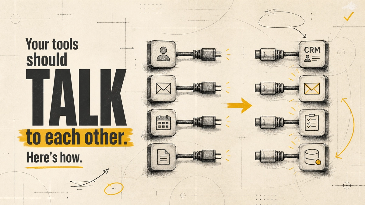 App tiles for contacts, email, calendar and documents being plugged into CRM, inbox, task and database tiles, with the text 'Your tools should talk to each other'