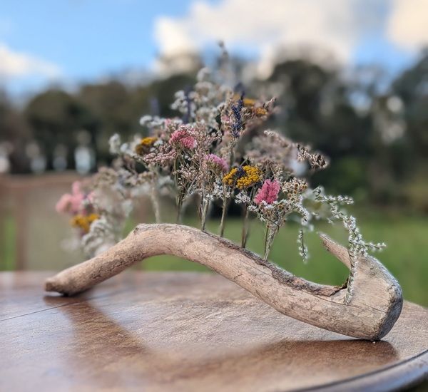 Dried flowers arranged on driftwood for the Sister Shores exhibition