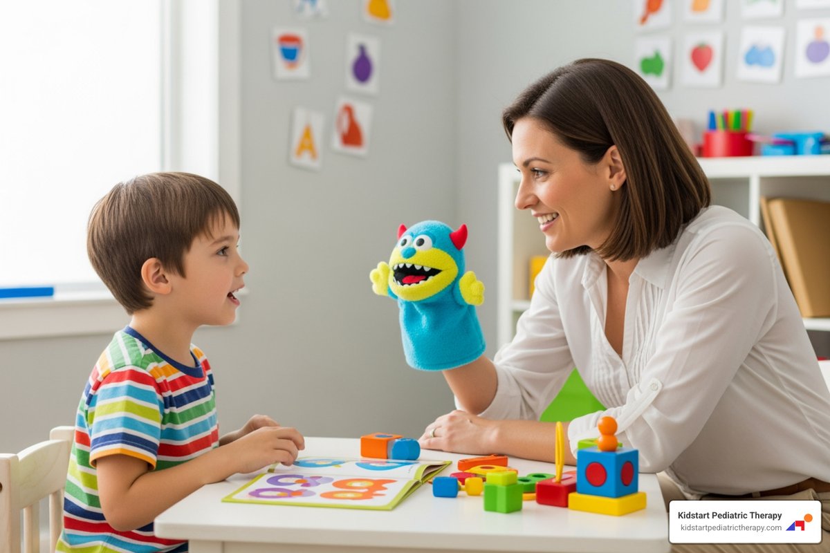 child speaking with speech therapist - Childhood stuttering treatment