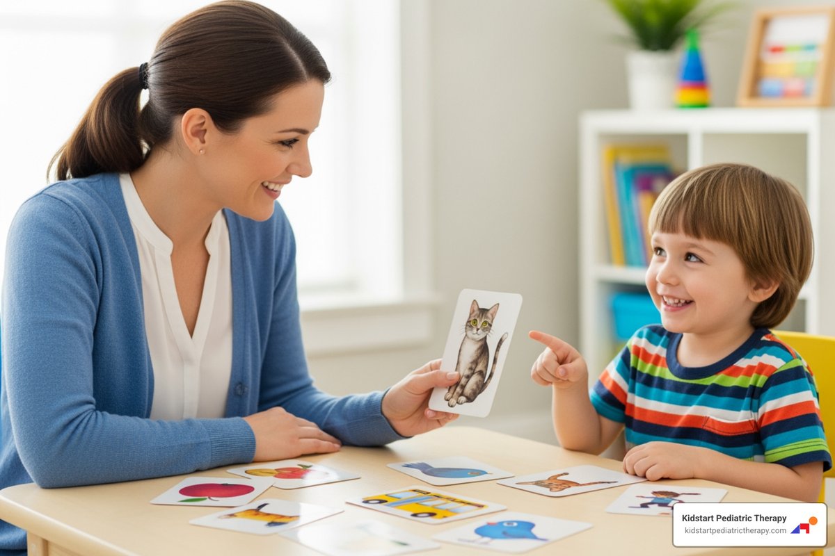 therapist using picture cards with a child - Childhood stuttering treatment
