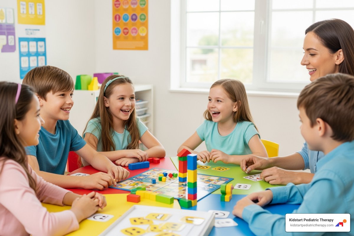 Children practicing social skills in a structured group setting, laughing and interacting - autism spectrum disorder therapy
