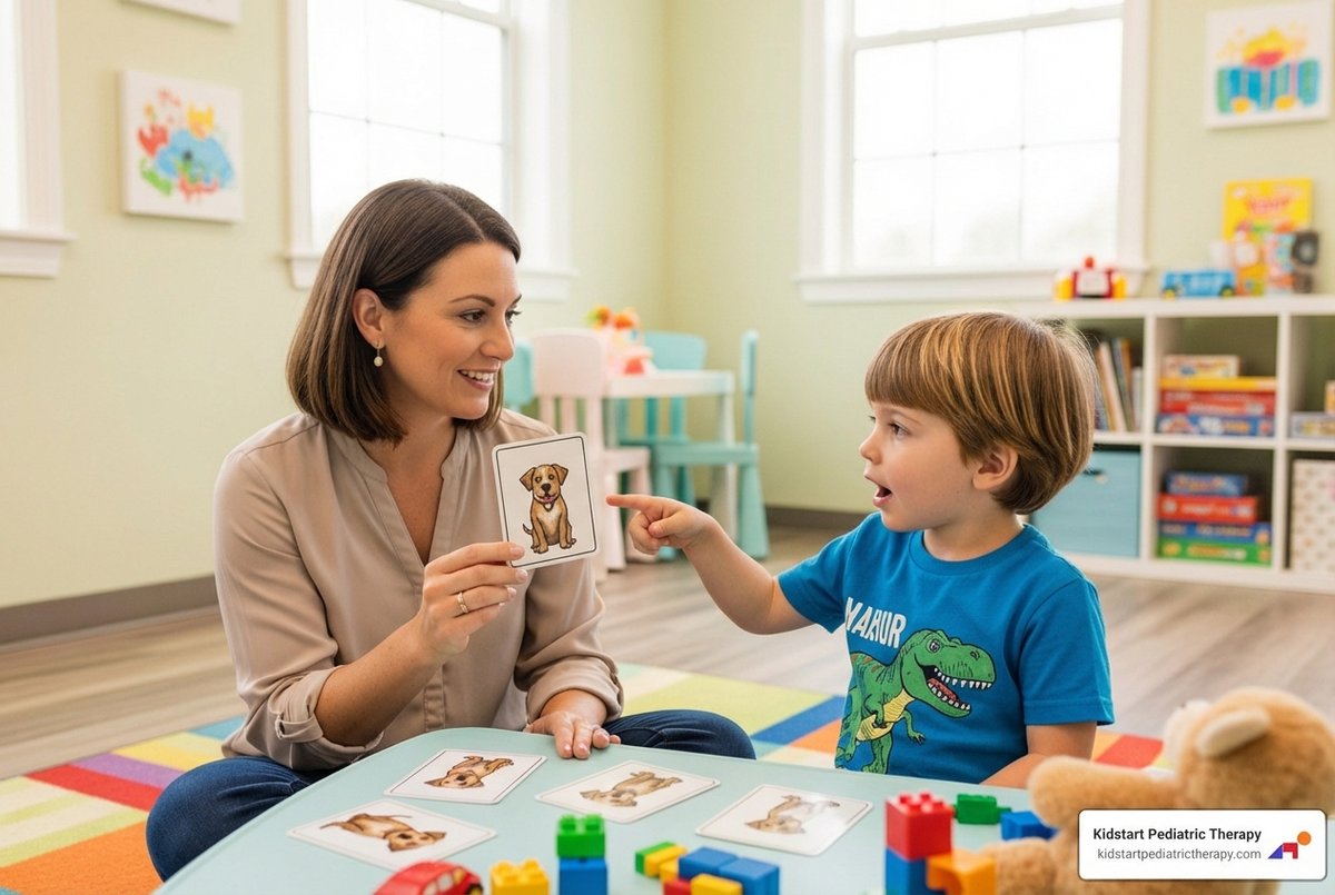 A speech-language pathologist conducting a gentle, play-based assessment with a child, using toys and picture cards to elicit speech - Apraxia speech therapy