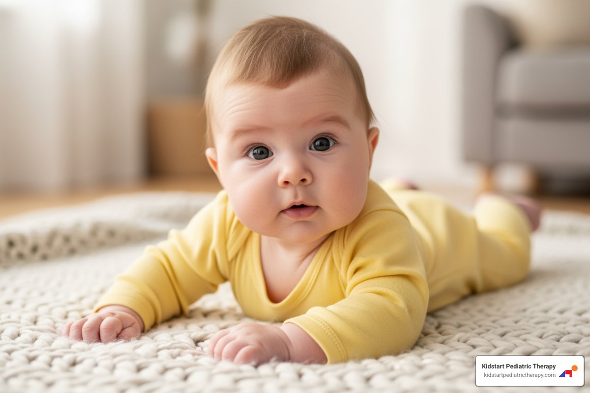 3-month-old baby on tummy, pushing up on arms - 0 3 months fine motor skills