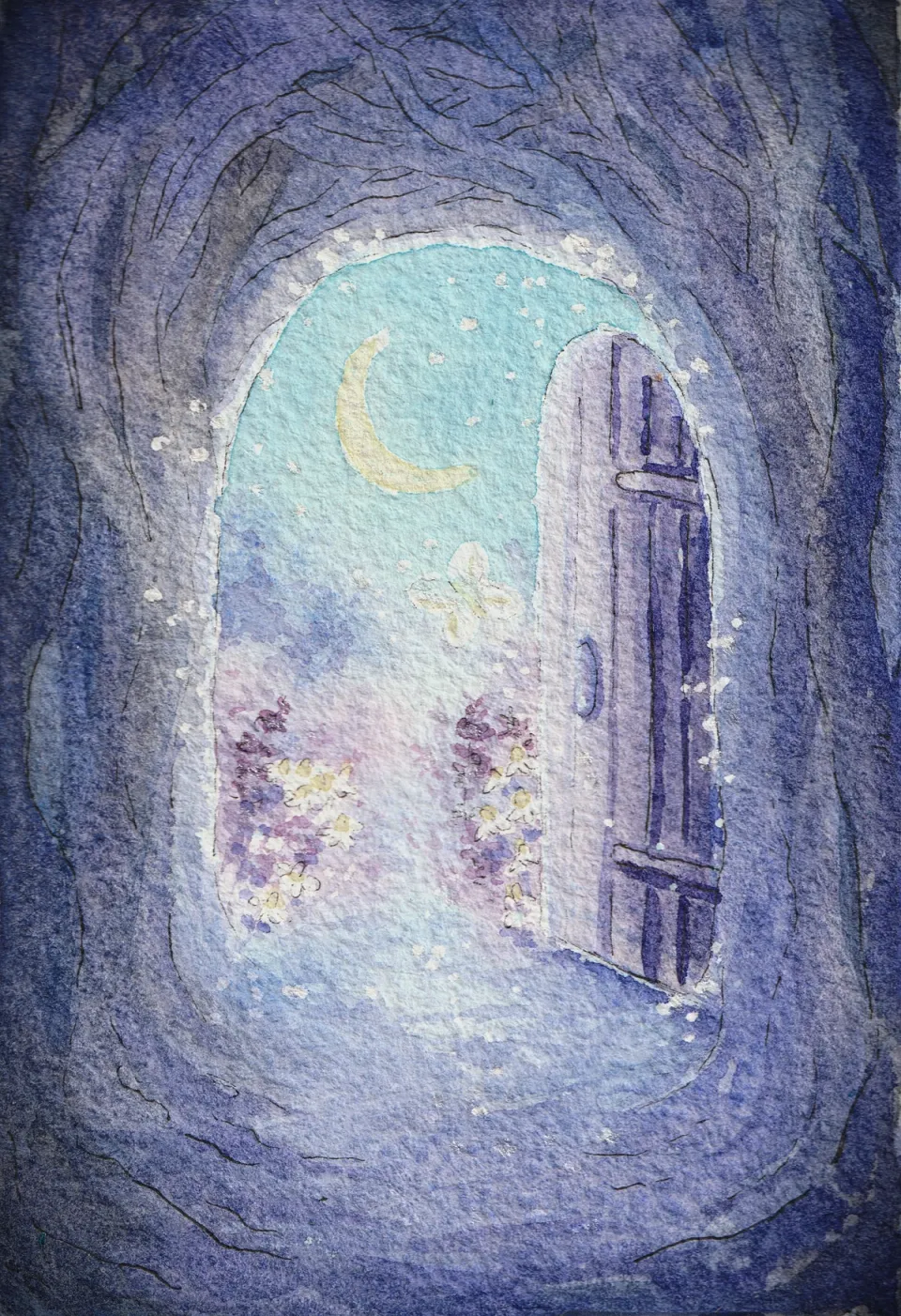 Whimsical purple watercolor painting of a magical portal opening into a calming midnight garden