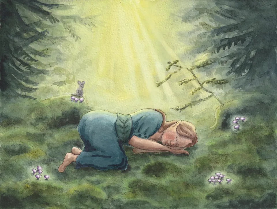 Watercolor painting of a fairy girl sleeping peacefully on soft moss in an old forest