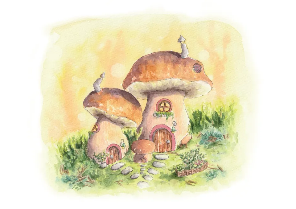 Watercolor painting of three mushroom fairy houses nestled in green moss, with a tiny vegetable patch and stone path
