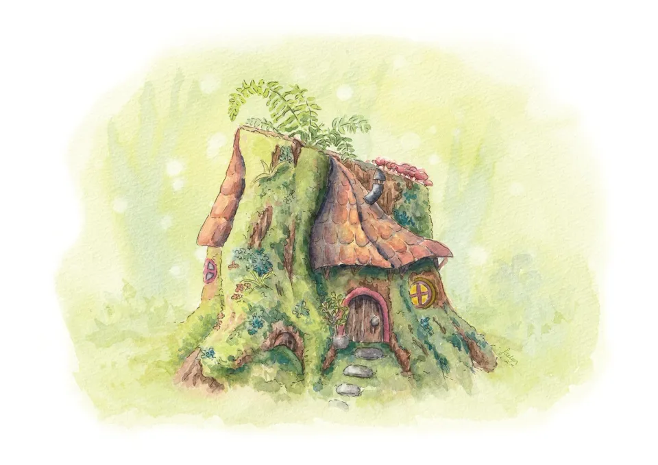 Watercolor painting of a fairy house built into a mossy tree stump, with a glowing round window and ferns growing from the top