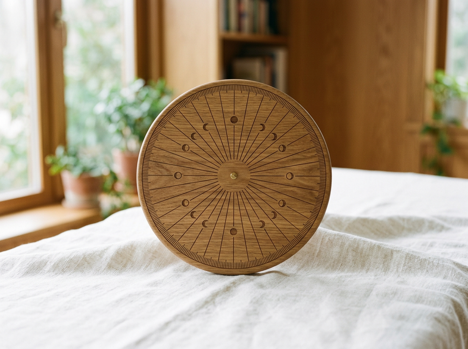 Tablero de péndulo de madera con símbolos lunares