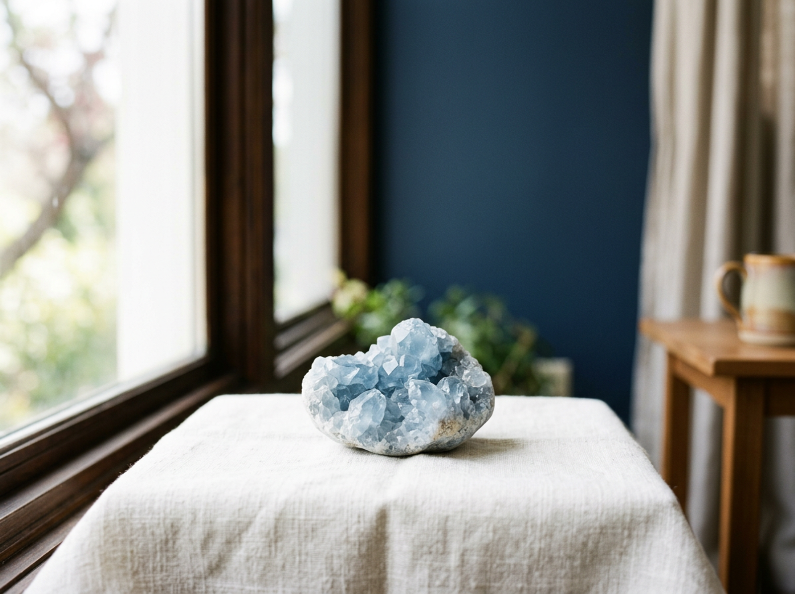 Cristal de celestita azul junto a una ventana luminosa