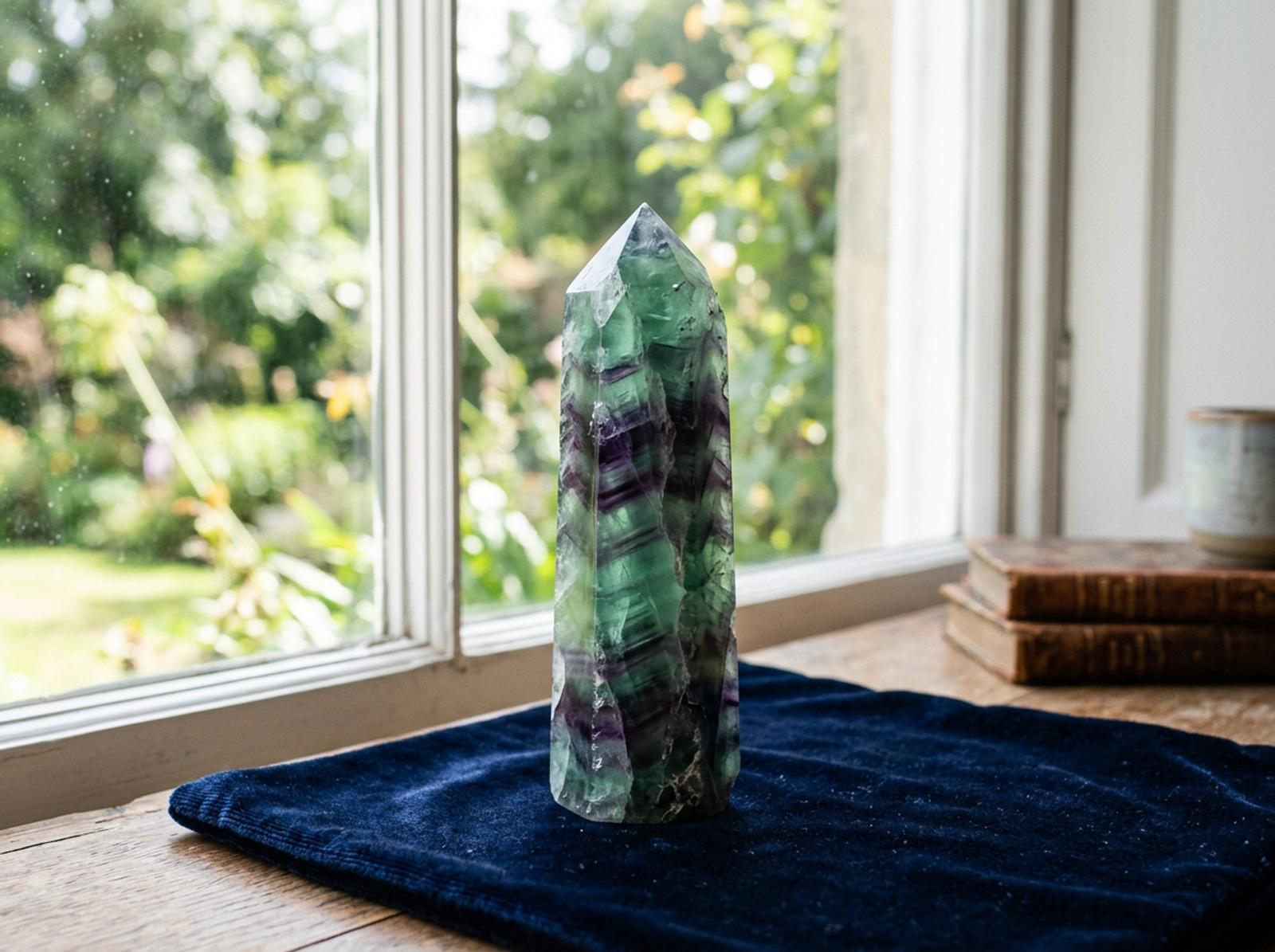 Torre de fluorita verde y violeta sobre terciopelo azul