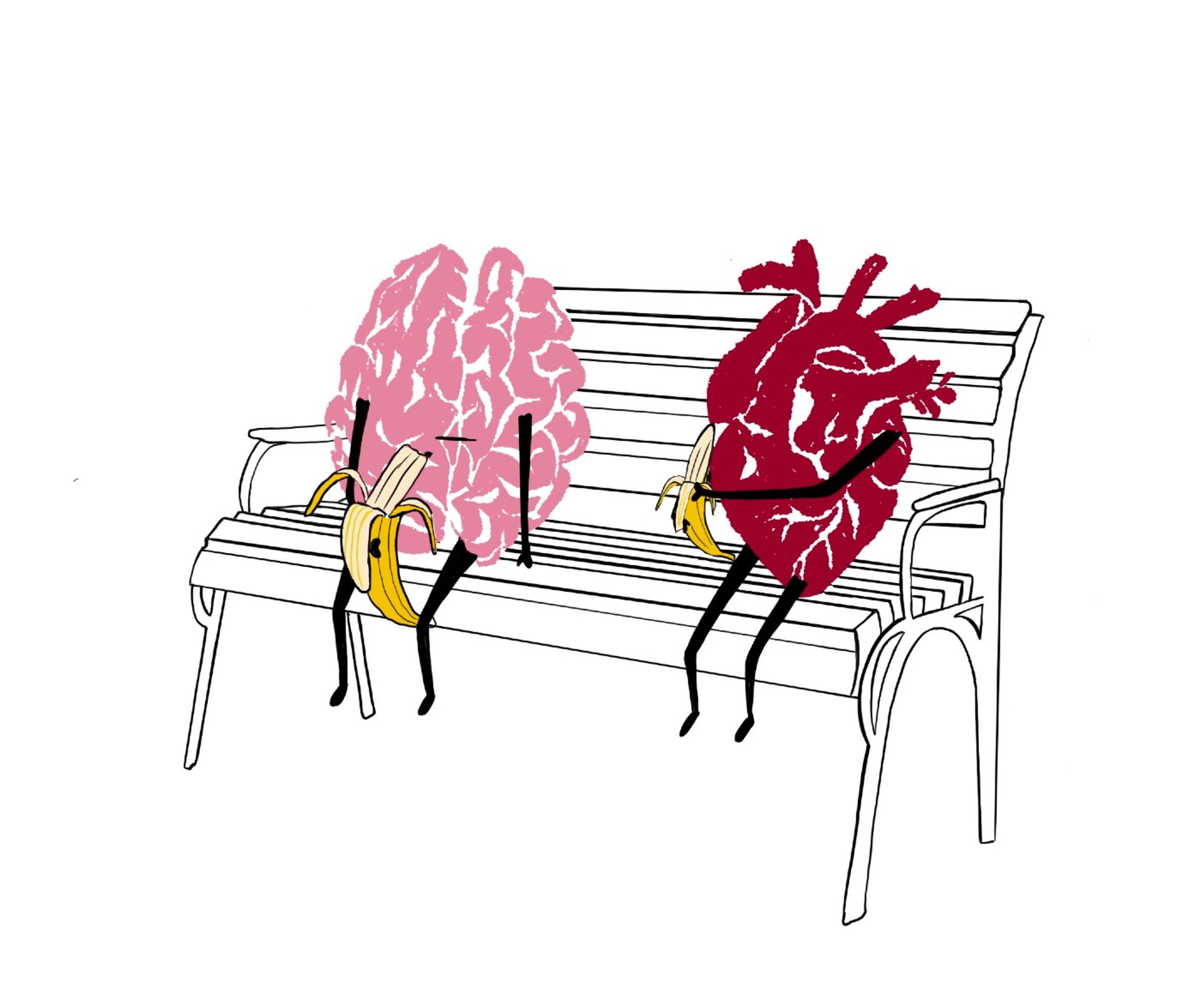 illustratie van hersenen en een hart die op een bankje zitten en een banaan eten