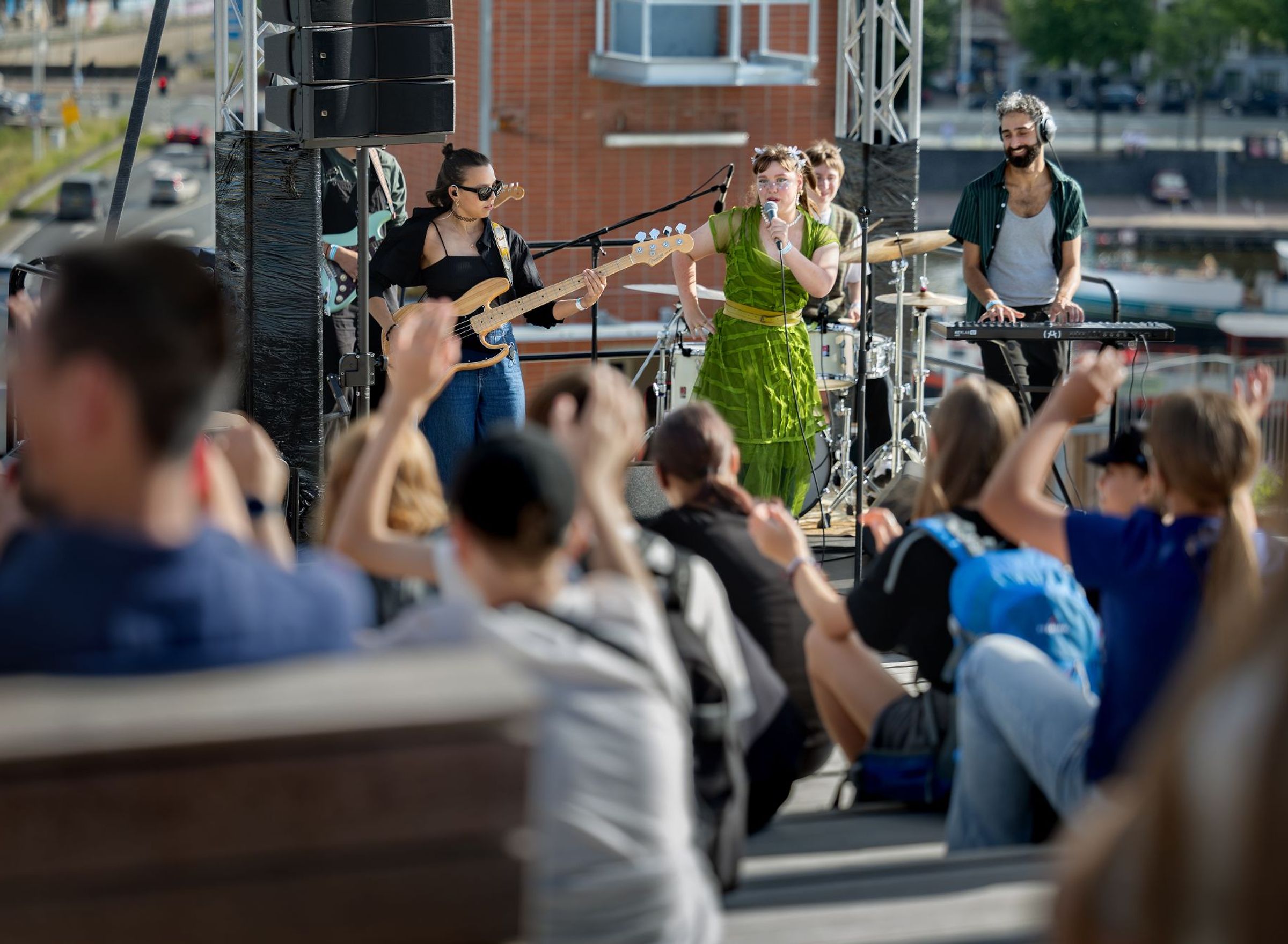 a band playing on the rooftop