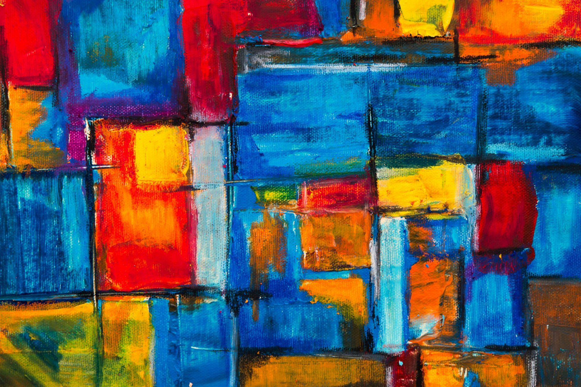 Een abstract schilderij bestaande uit rechthoekige vormen en primaire kleuren.