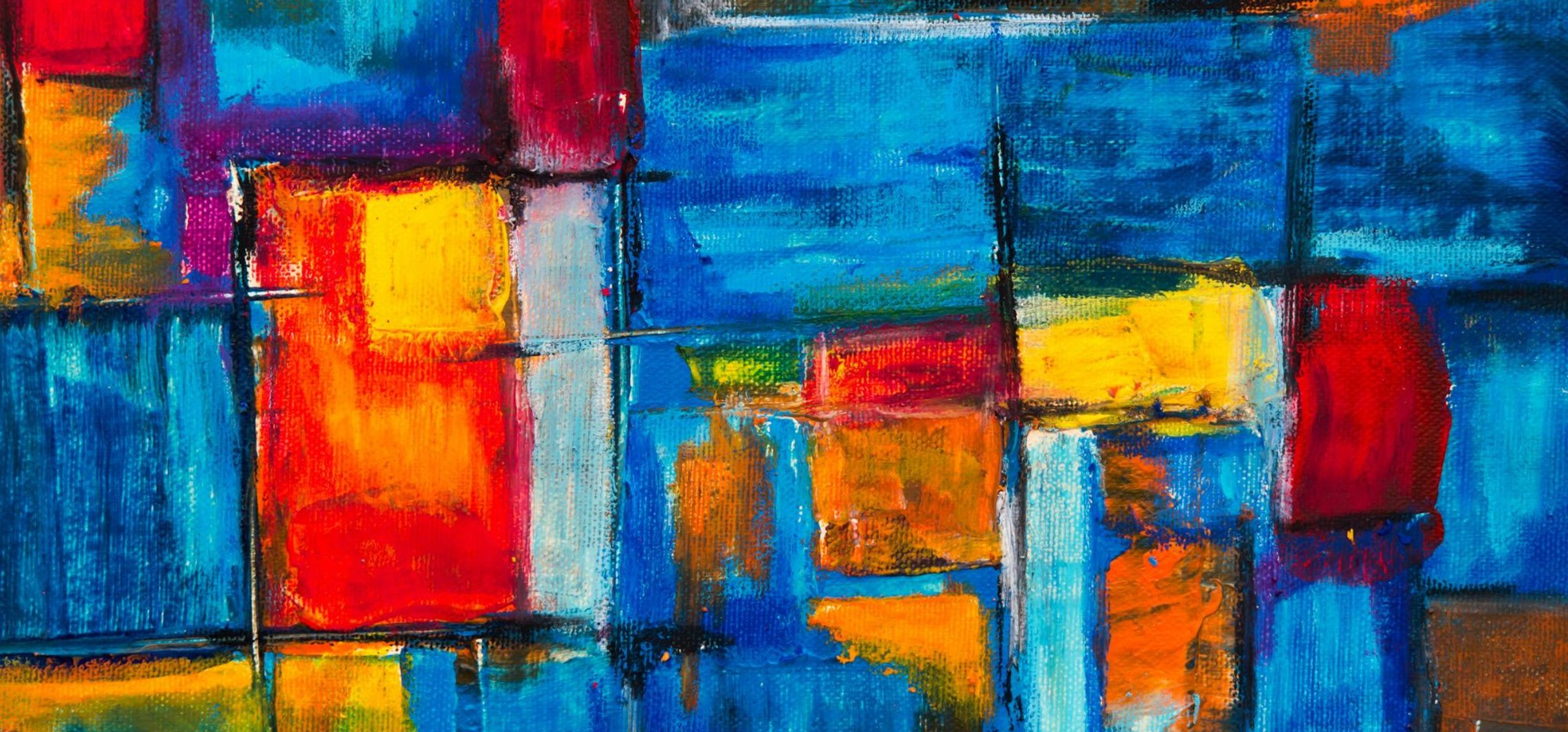 Een abstract schilderij bestaande uit rechthoekige vormen en primaire kleuren.